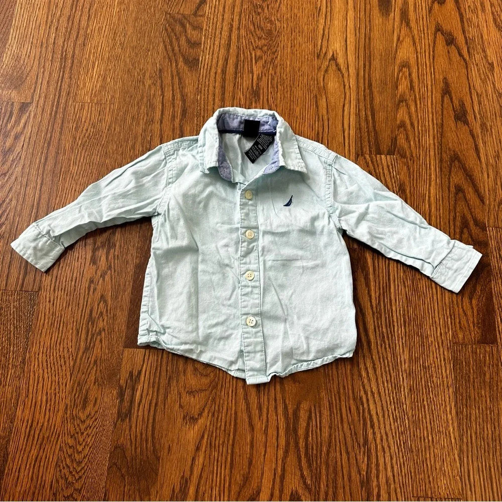 Nautica Mint Green Button-Down Shirt with Light Gray Pants Set, size 12M
